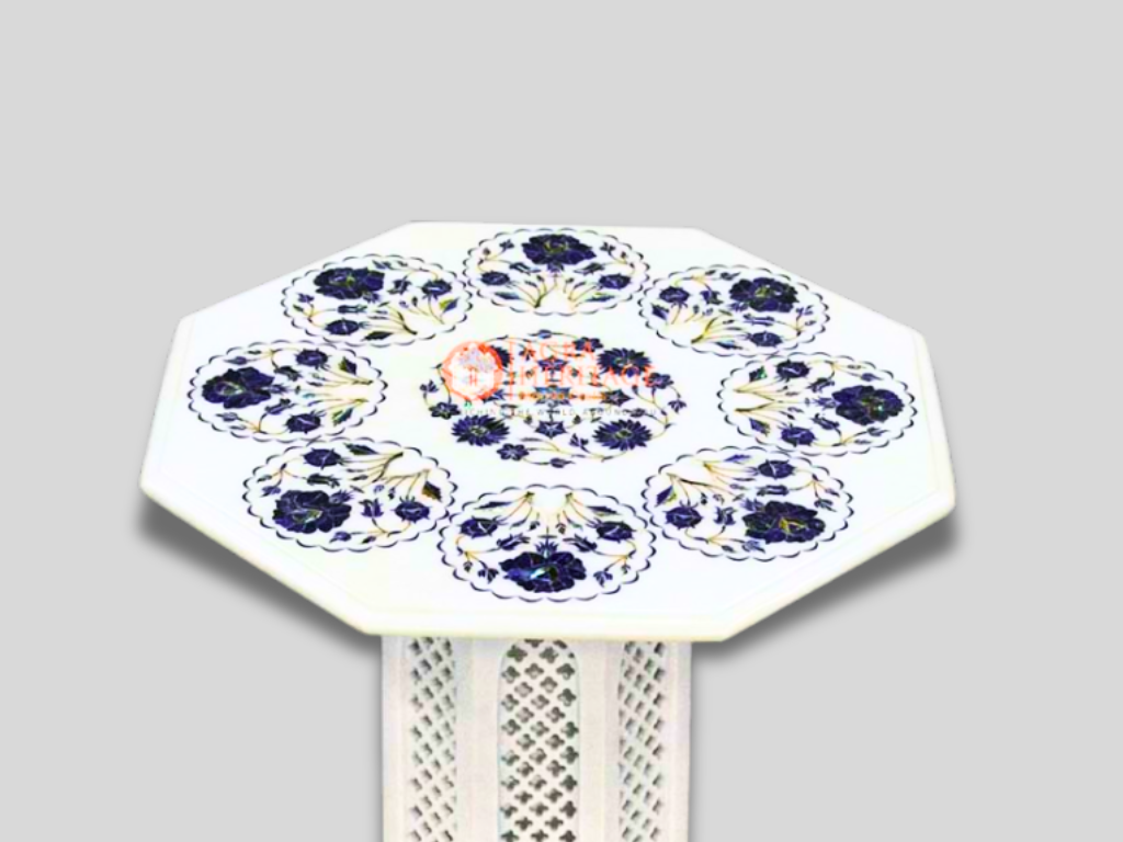 White Coffee Table Lapis Pietradura Inlay Floral Design